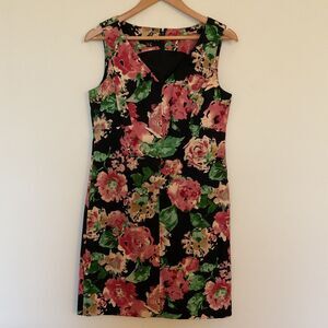 Talbots Dress 10P Dark Romantic Floral Stretch Sheath Black Pink Office Career